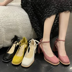 Genuine Leather Shoes Women New Mary Jane Pumps Lolita Round Toe Shoes Ladies Thick High Heel Shoes Female SpringSummer Fashion