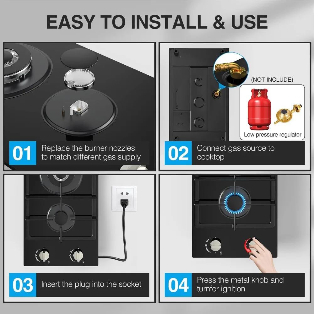 12인치 가스 스토브: 2구 가스 쿡탑 - 스테인리스 스틸 LPG/NG 듀얼 연료 스토브 – RV, 아파트용 빌트인 가스 호브