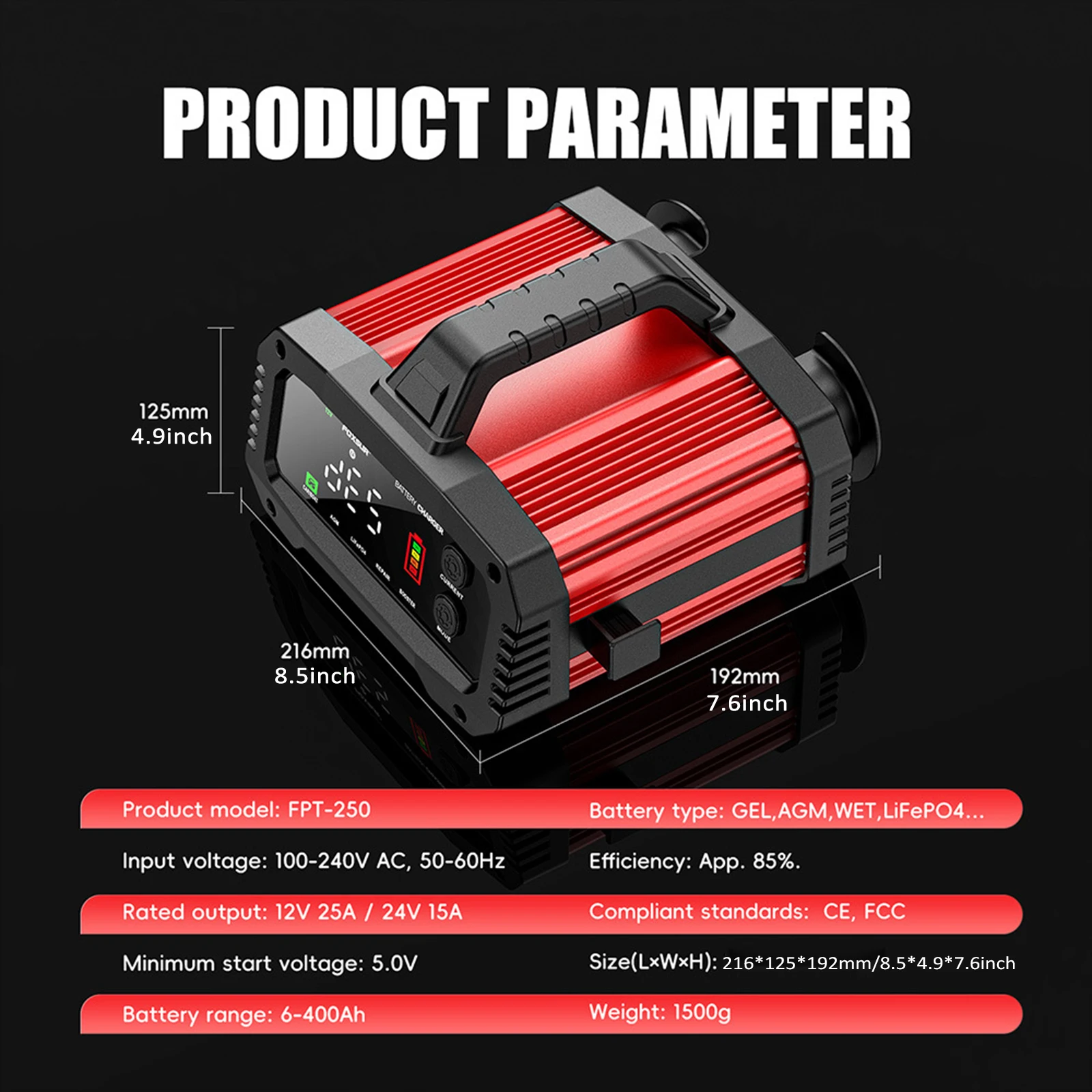 Portable Smart Car Battery Charger 12V/25A with BOOSTER Function Optional Charging Current for Lead Acid Lithium iron Battery