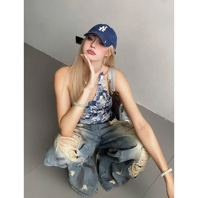 Vintage gescheurde blauwe Y2k jeans vrouwen Harajuku streetwear denim broek esthetische Jean broek Japanse jaren 2000 Trashy Pantalones