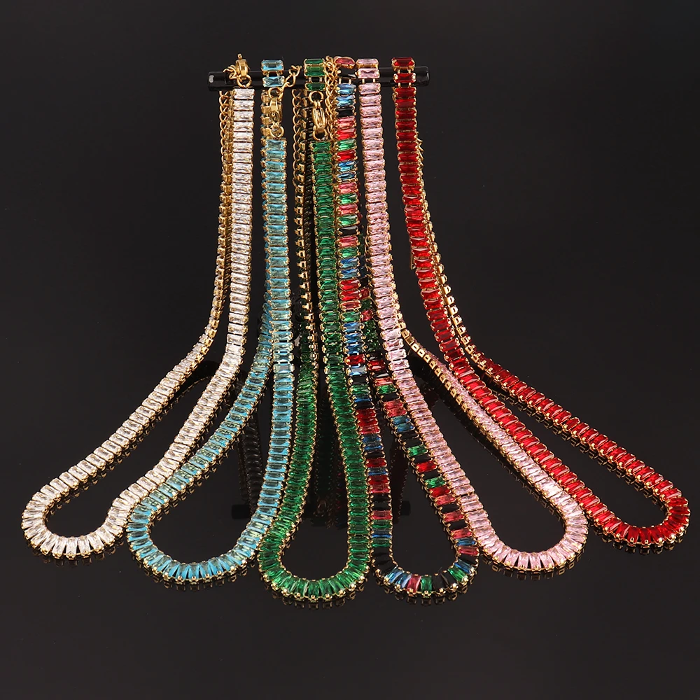 Stainless Steel Necklace Shiny Crystal White Green Cubic Zircon Choker Necklaces For Women Tennis Chain Necklace Jewelry Gift