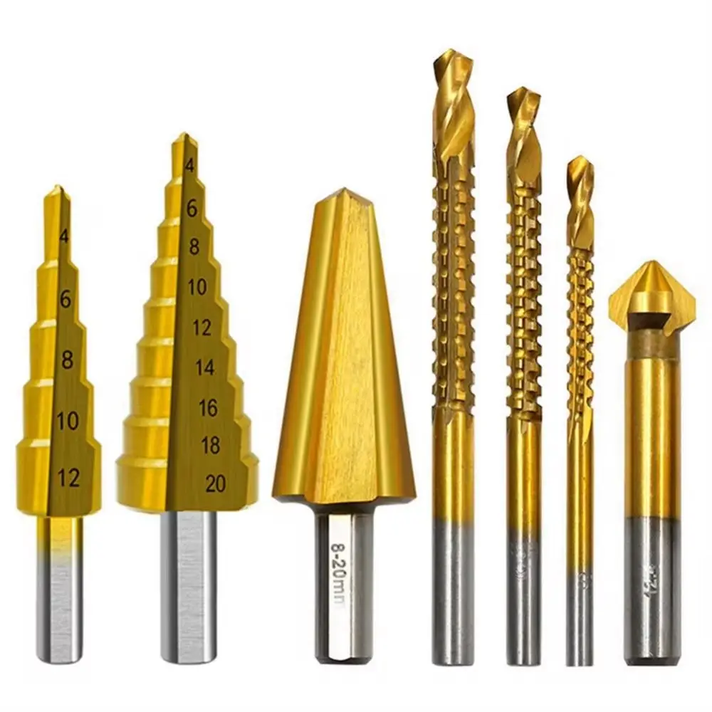 

7Pcs Portable Wood Metal Hole Taper Drill Bits Straight Groove HSS Step Drill Drilling Tools Set High Quality Hole Opener