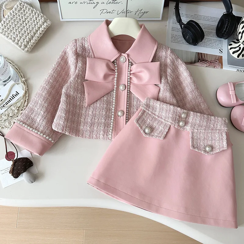 

2025 Spring Girls Tweed Outfit 2PCs Set Pink Plaid PU Leather Skirt + Top Toddler Blazer Style Baby Girl Clothes Suit 1-8 Years