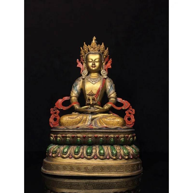 

15"Tibet Temple Collection Old Bronze Painted Amitayus Longevity Buddha Lotus Platform Worship Hall Town house Exorcism