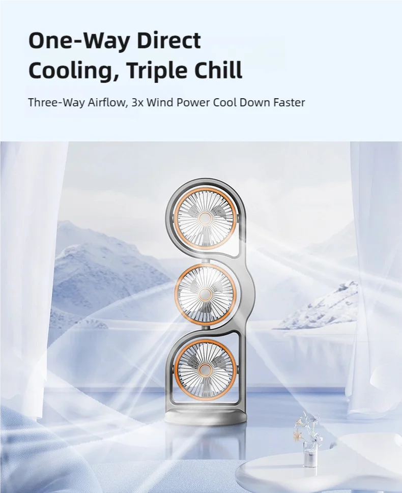 TINSOL 2026 New Portable USB Rechargeable Three-Head Fan – 360° Circulation, 5-Speed Wind, Dormitory and Outdoor Desktop Fan