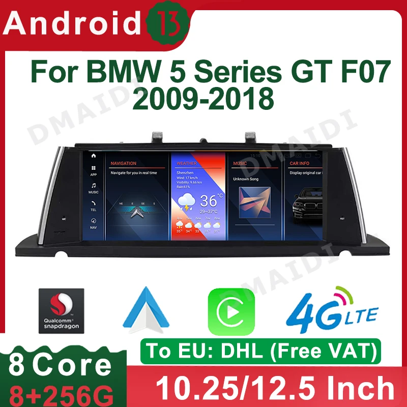 

Автомобильный радиоприемник, Android 13, Snapdragon 10,25, 12,5 дюйма, для BMW 5 Series GT F07 2009-2018, мультимедийный плеер, стерео, Carplay, навигация ID8