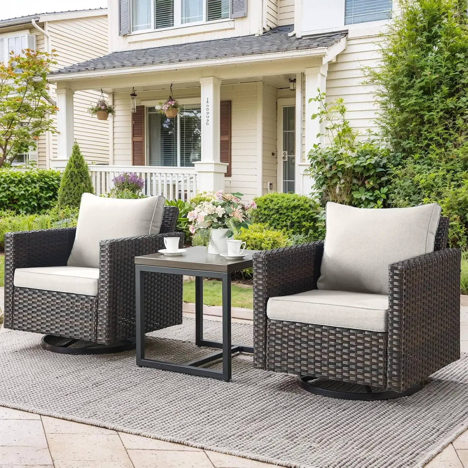 

Outdoor Swivel Rocking Chairs,3 Pieces Patio Bistro Sets Rattan Chairs Set of 2 with Matching Side Table for Deck Porch, Custom