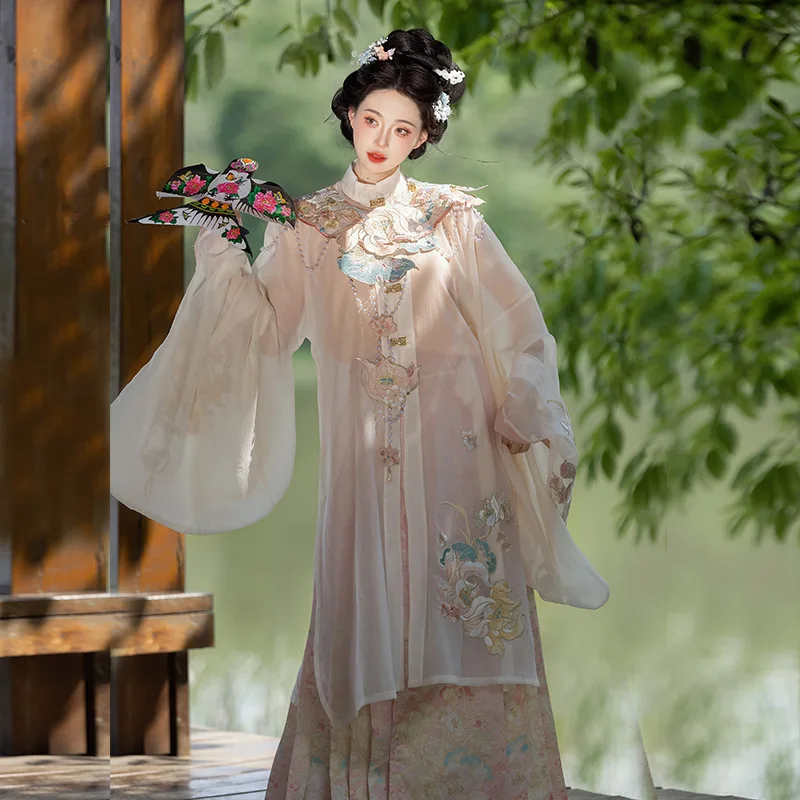 YJ40 Hanfu Female Horse Skirt 2024 New Style Chinese Style Embroidery Standing Collar Long Gown