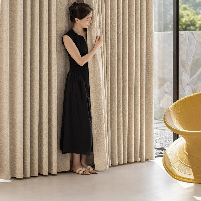 Custom Size Blackout Double-sided Cotton and Linen Cream in The Same Color, Mid-century Style and High-end Feel Fashion Elegant