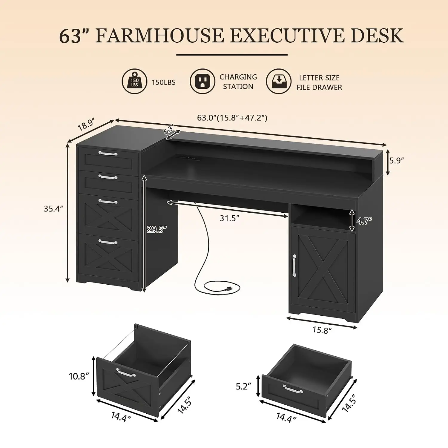 Executive Desk with Printer Stand, Monitor Stand, Home Office Desks with Power Outlets, Storage Shelves, Black