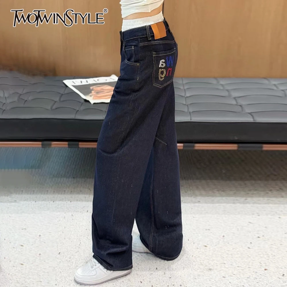 

TWOTWINSTYLE Blue Spliced Pocket Basics Trousers Female High Waist Loose American Retro Women's Long Pants Autumn New Fashion
