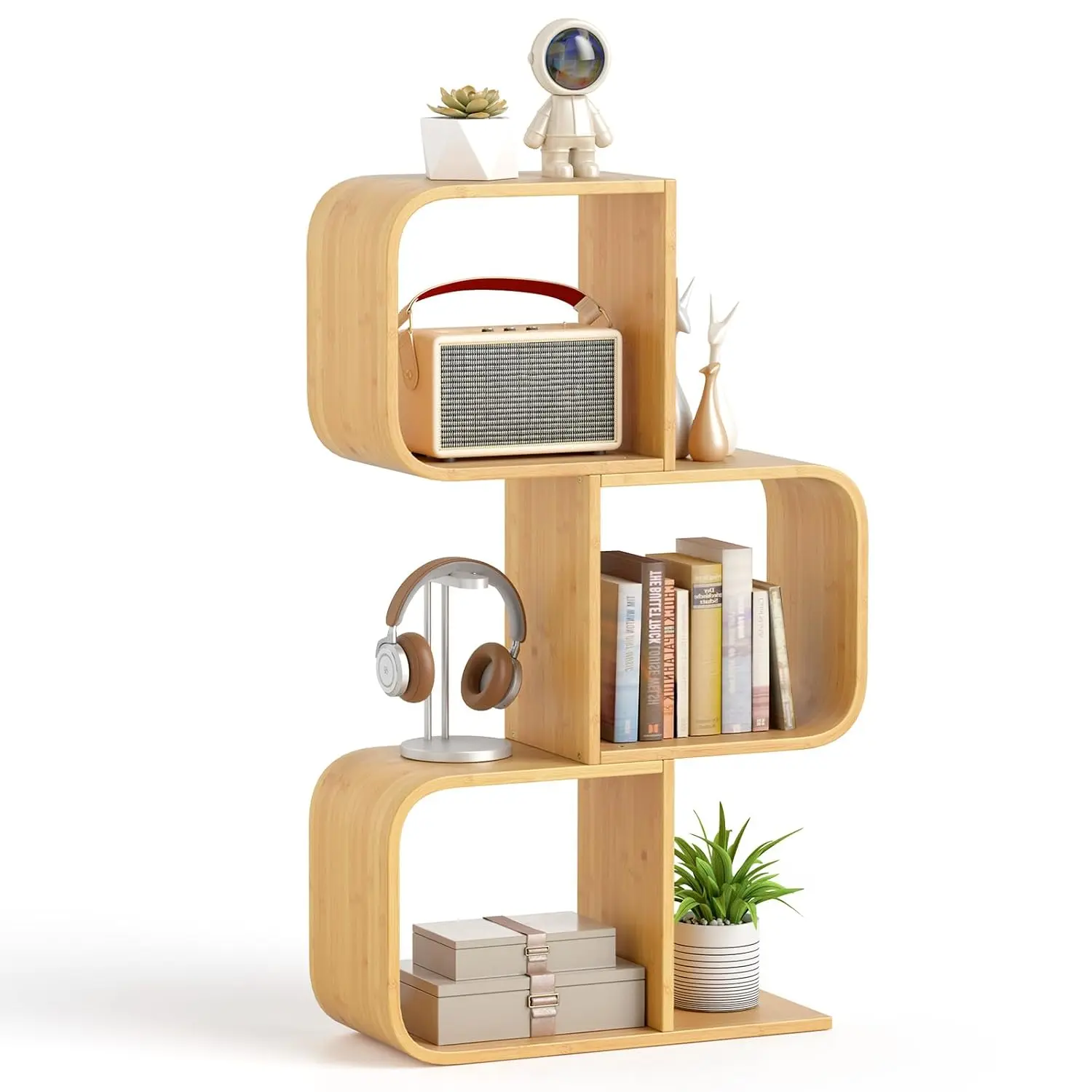 Bamboo S-Shaped 3-Tier Bookshelf With Open Cubes, Geometric Corner Display Shelf For Living Room & Office, Natural, Customized