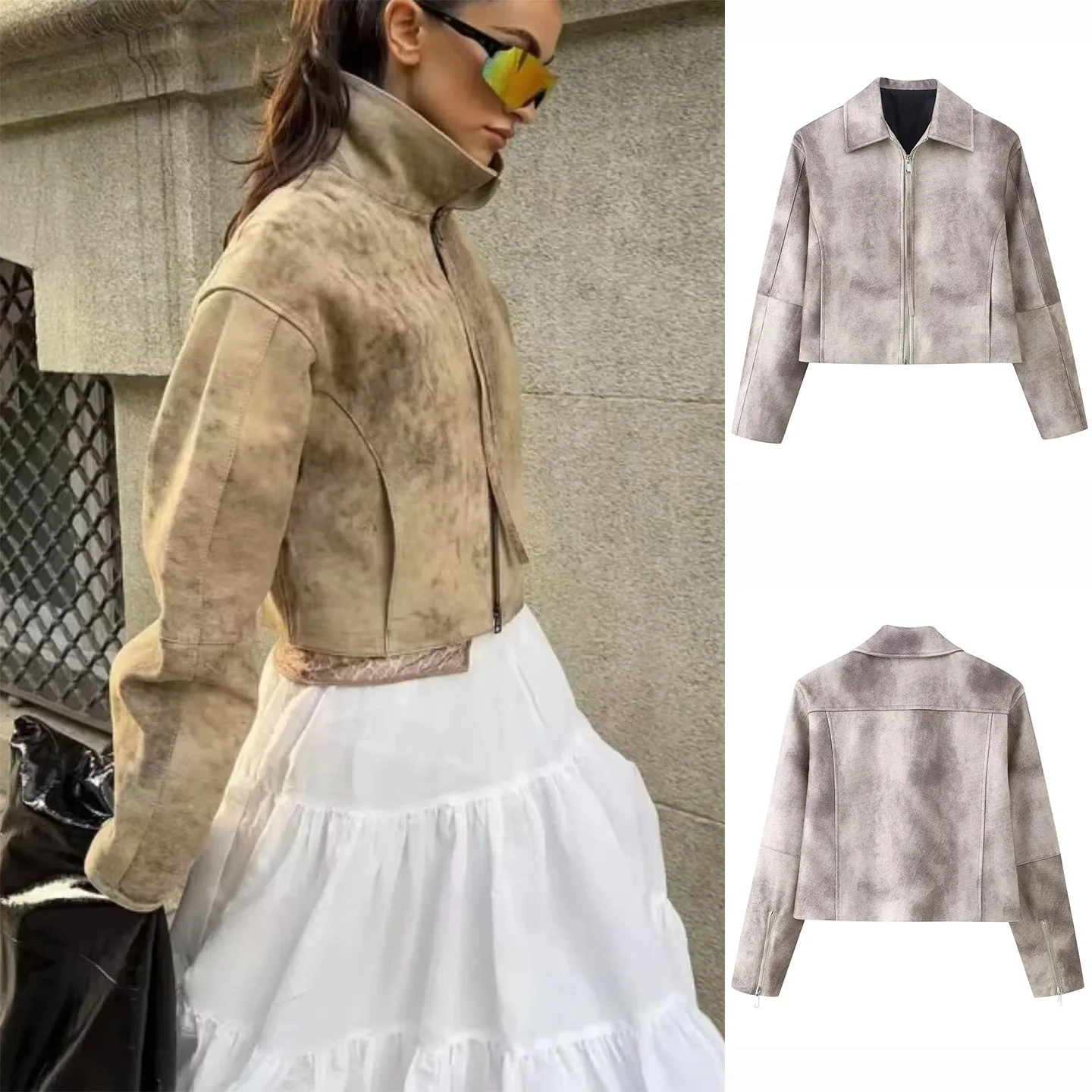 冬の新作レディースカジュアルスリーブジッパー装飾ロングスリーブプリントジャケットコートデザインファションセンセーション