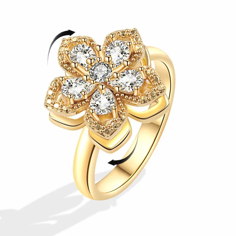 Adjustable Rotating Double Layer Flower Stacking Women'S Rings 2024 Trend Gold Crystal Anxiety Relife Spinning Ring Anillos