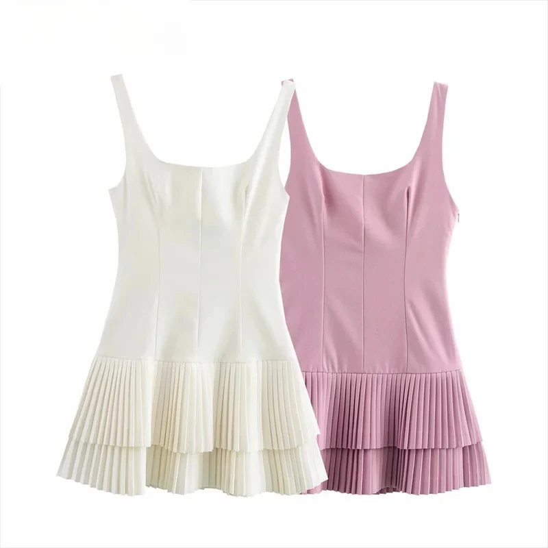 

2025 Spring New Women's Shoulder Strap Square Neck Sleeveless Pleat Hem Jumpsuit Dress Layered Decorated with Pleats
