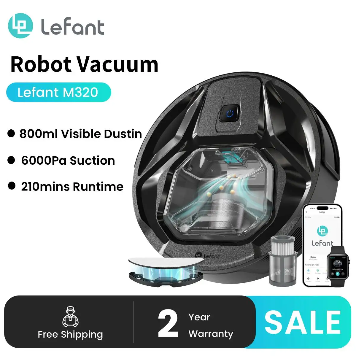 Lefant M320 cordless Robot Vacuum Cleaner and mop, 6000Pa ,210