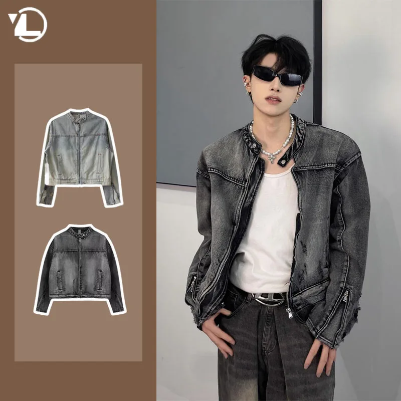 

Men Washed Short Denim Jackets American Vintage Casual Loose Zipper Mens Jean Coat Couple Street Trend Cowboy Outwear 2024 New