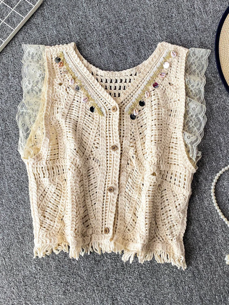 

European Sle Sweet Tassel V-Ne ort Knit Top Women's Loose Fit Summer Single Button Casual Outerwear