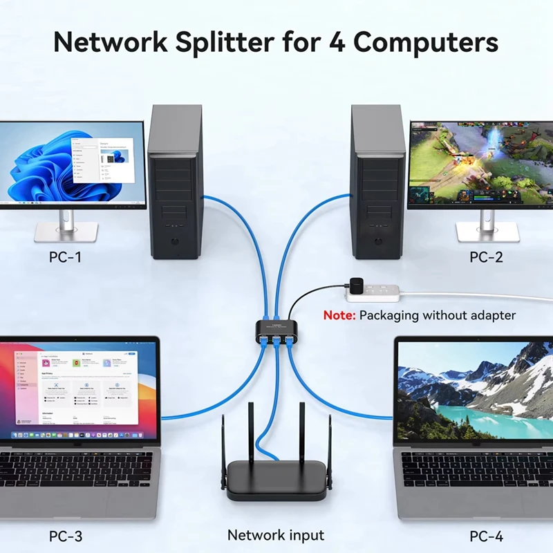 RJ45 LAN Splitter 1 to 4 1000Mbps Aluminium Network Switch LAN Splitter Gigabit Ethernet Switch with USB-C Power Cable-ABFT