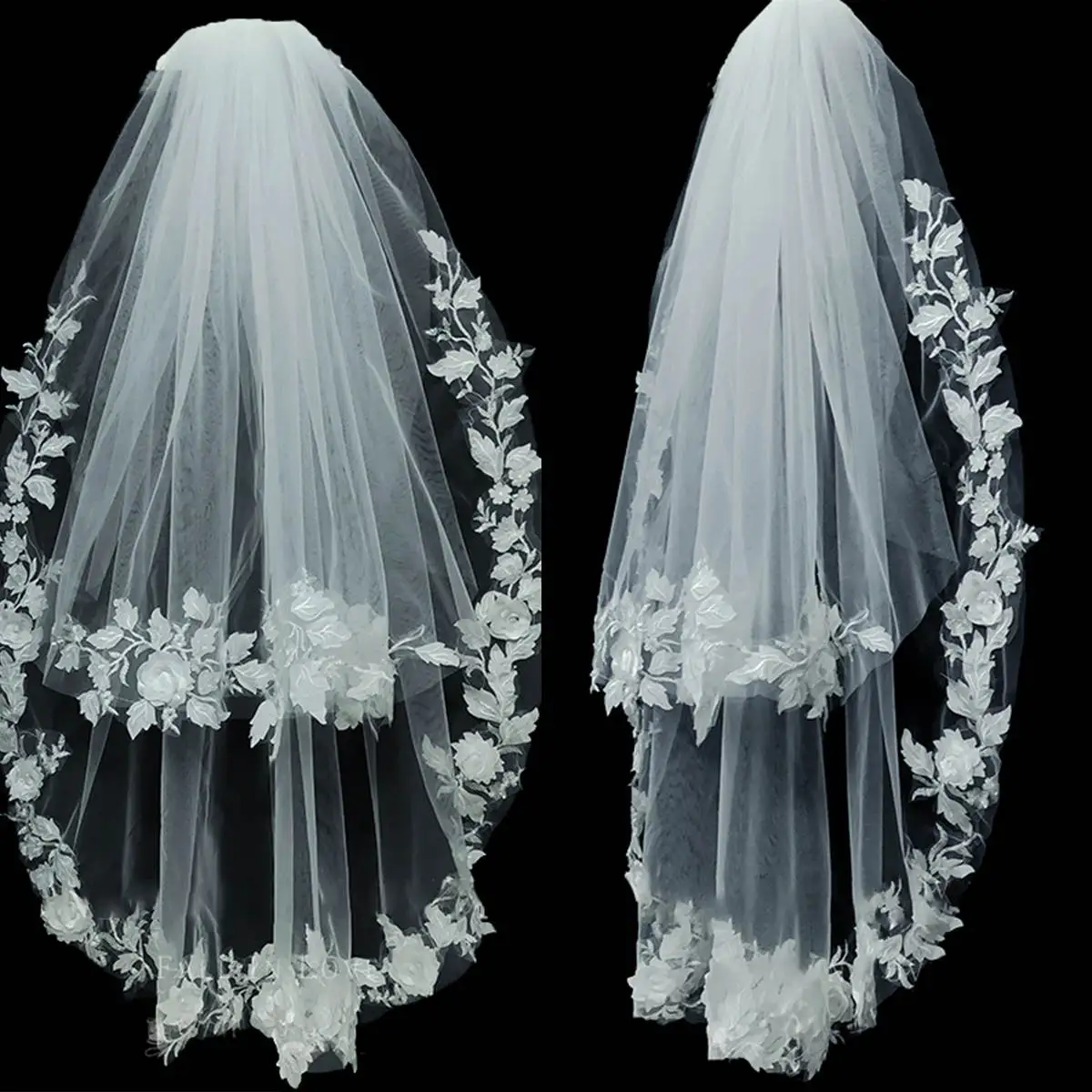 

Luxury Handmade Flowers Wedding Veil Appliques Two Layer Long Shoulder Length Bridal Veils Appliques Edge Velo De Cabeza