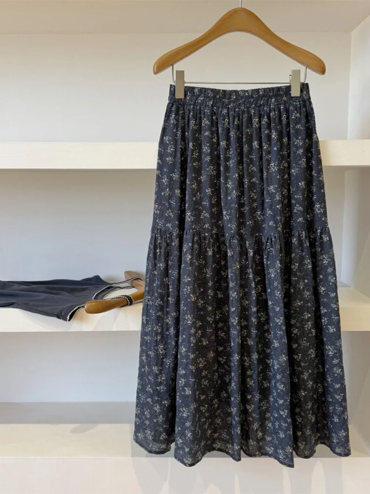 Early Autumn 2026 Women's High Waist Loose Fit Midi Skirt Cotton Linen Elastic Waist Vintage Style Sweet Countryside Style