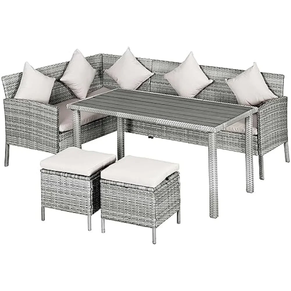 5 Piece Patio Furniture Set, Outdoor Dining Table Set with L-Shaped Sectional Sofa, 2 Ottomans, Outside Conversation