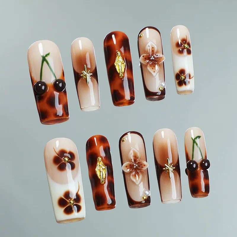 

10pcs Handmade False Nail Sets Finished Cherry Flower Long Square Nails Art Leopard Print French Tips Fake Nail Press on Nails
