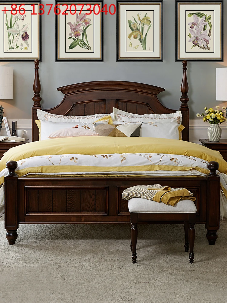 American bed solid wood master bedroom light luxury bed retro furniture pillar bed