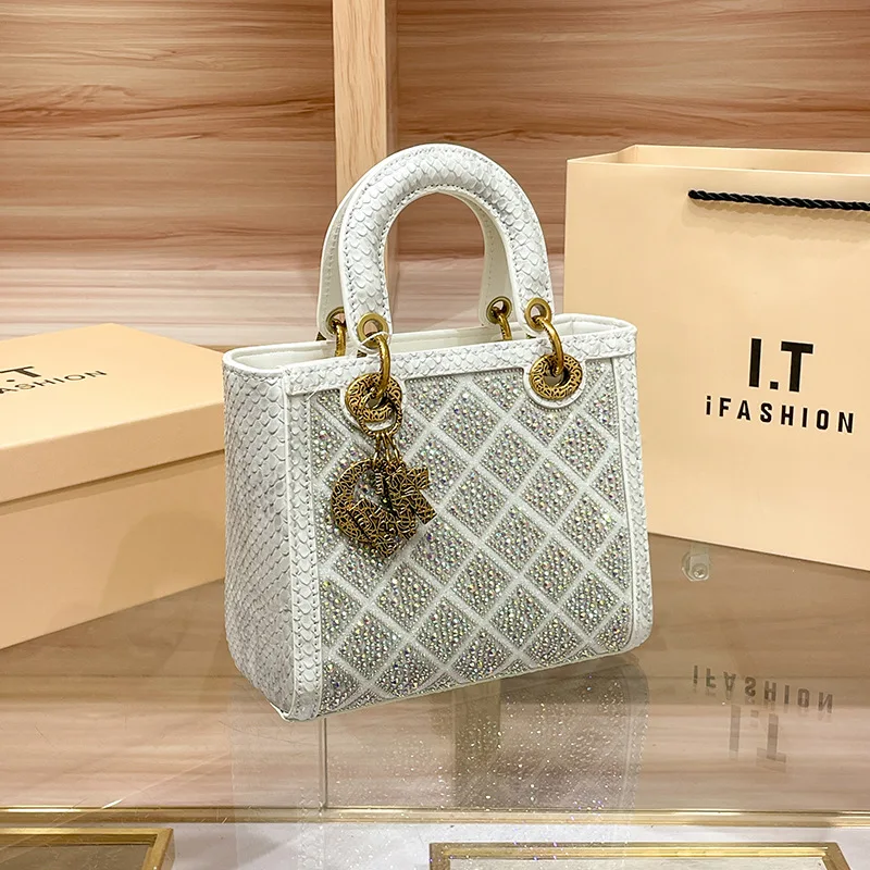 VM FASHION KISS Split Leather Water Diamond Portable Small Square Bag Banquet Shoulder Crossbody Women\'s Designer Luxury Bag
