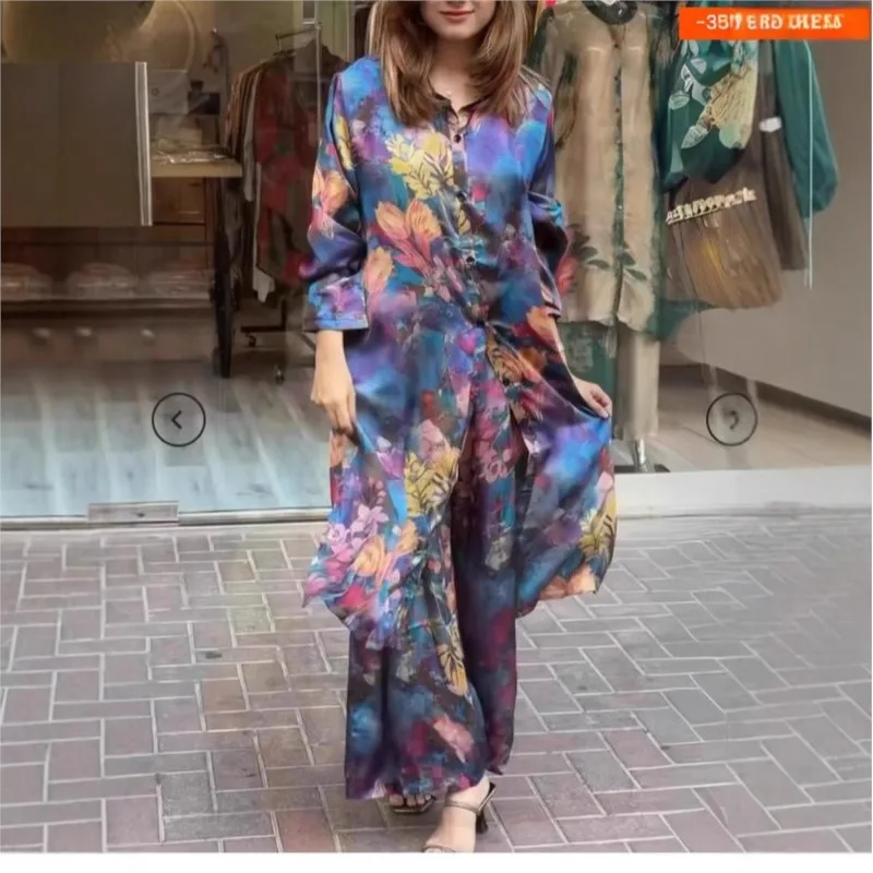 Eleganckie damskie garnitury w nowym stylu na jesień i zimę, modne, z nadrukiem, z klapami, długimi rękawami, długą koszulą, luźne, z szerokimi nogawkami.