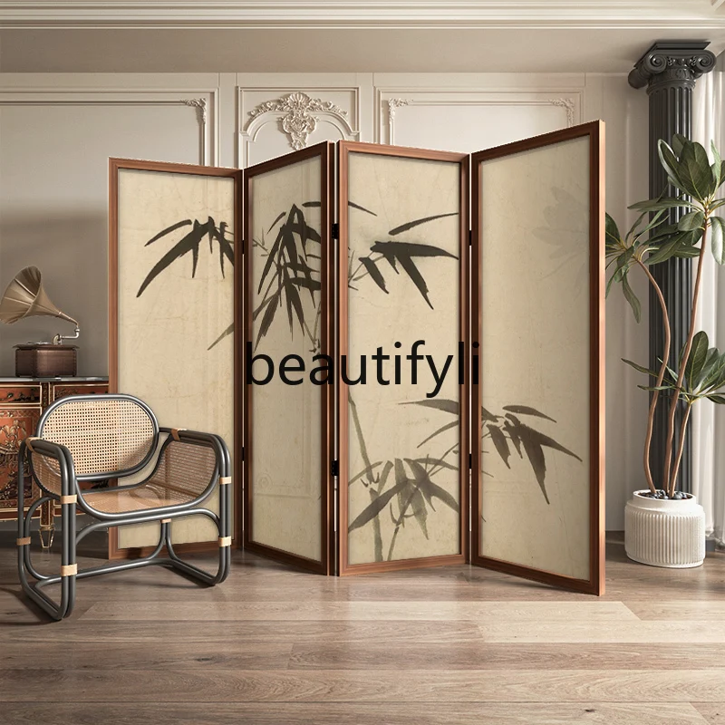 شاشة تقسيم شاشة من الخشب الصلب مصنوعة من الخيزران بالحبر الكلاسيكي على الطراز العصور الوسطى لغرفة المعيشة وغرفة النوم وأريكة قابلة للطي للمدخل