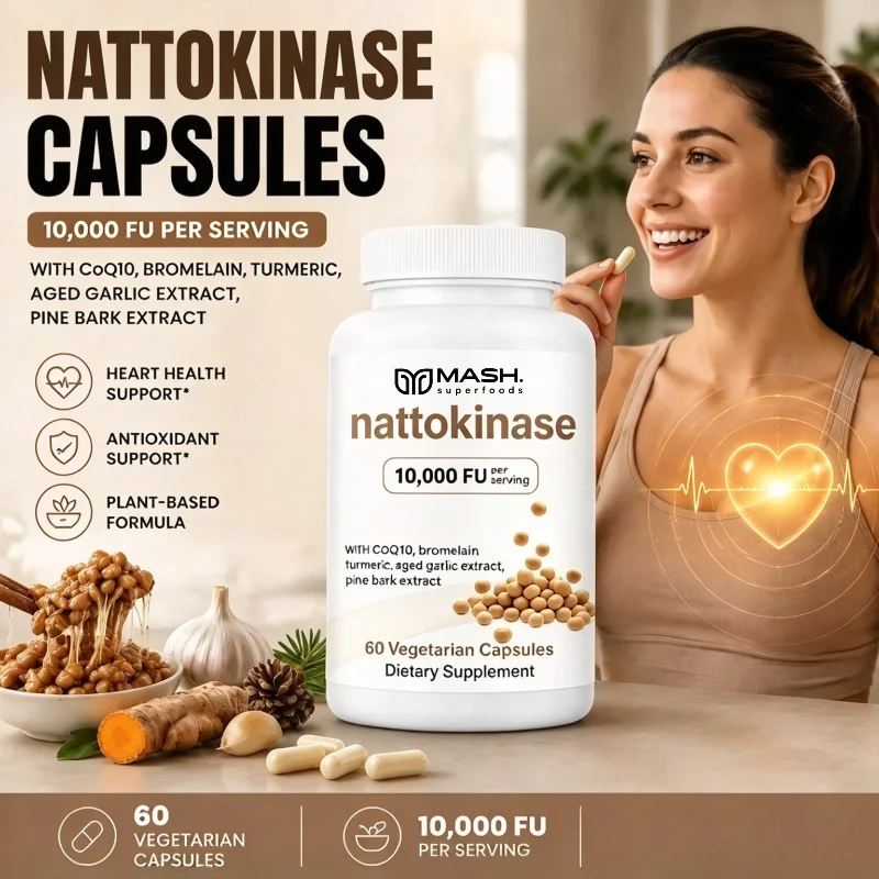 Nattokinase 10,000 Fu Capsules with Coq10 Turmeric Aged Garlic Grape Seed Bromelain Pine Bark Extract 60 Vegetarian Capsules