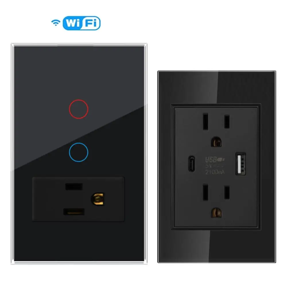 VISWE US Standard Socket with usb c, Smart Switches and Sockets Not WIFI, Black Tempered Glass Panel 118*72mm