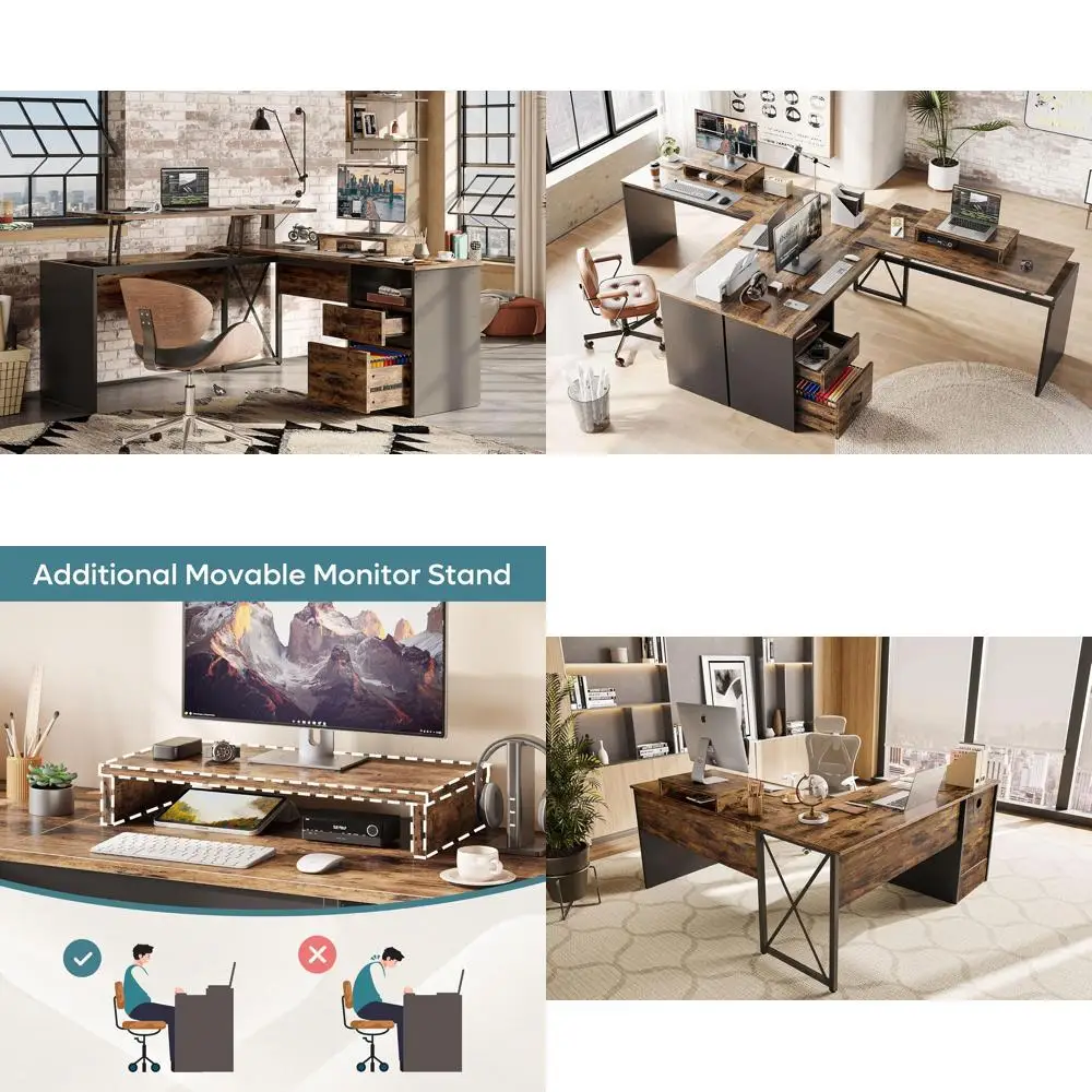 

Г-образный стол с подъемной столешницей, офисный стол 55 x 55 дюймов с двусторонними ящиками для файлов и опцией стоящего стола