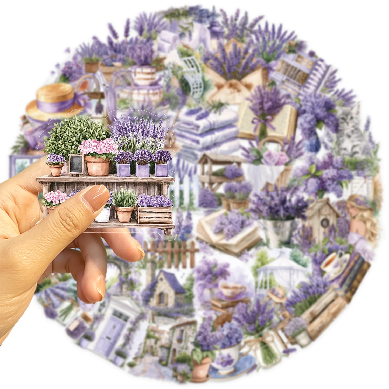 50 watercolor lavender PET stickers, pastoral floral landscape planner materials, transparent stickers for mobile phone sticker