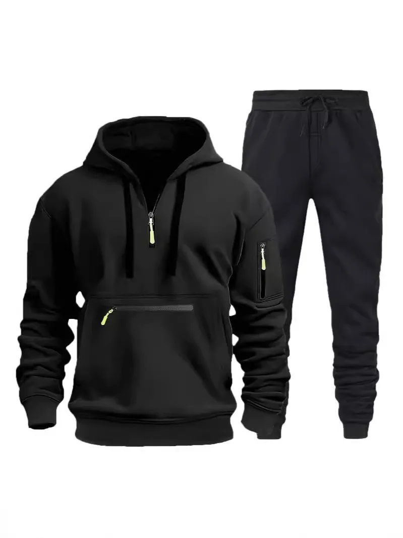 LOGO 2024 Autumn and winter men\'s fleece hoodie set pocket hoodie with multiple zippers