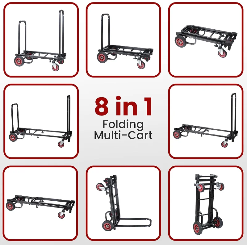 Pyle Compact Folding Adjustable Equipment Cart - Heavy Duty 8-in-1 Convertible Cart Hand Truck/Dolly/Platform Cart with R-Trac