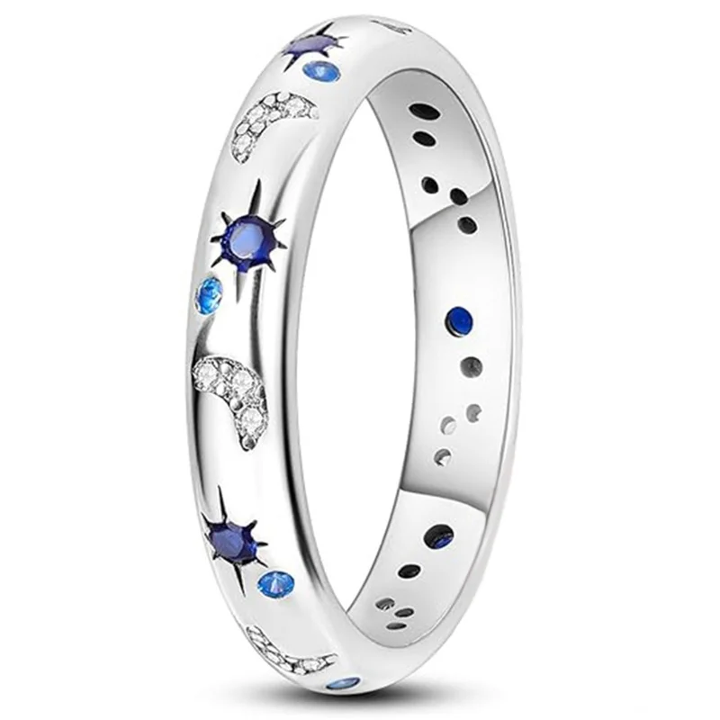 Huitan-anillos de plata de ley 925 con diseño de luna y estrella, joyería Simple y elegante, entrelazada, brillante, azul/blanco, CZ