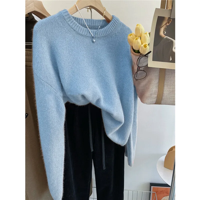 

2025 Autumn Winter Elegant Vintage Grey V-neck Knitting Long Sleeve Pullovers Women Casual Solid Color Ladies Sweater