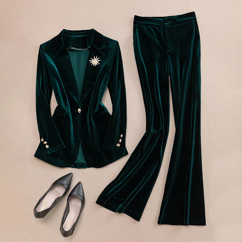 

Элегантный велюровый костюм-двойка для женщин, весна-осень 2025, новинка, приталенный крой, большие размеры, модный, универсальный