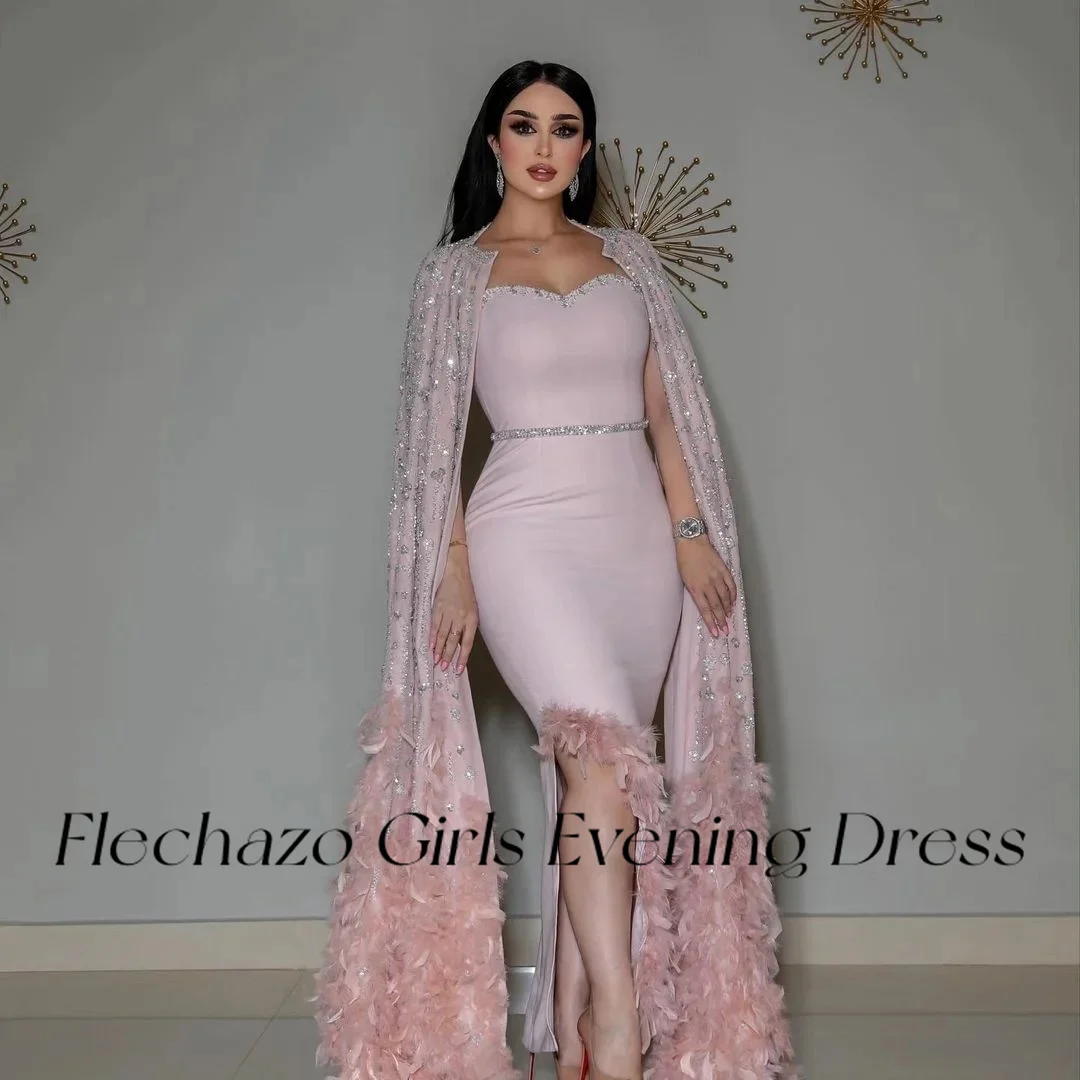 Flechazo Pink Prom Dresses 2-Piece Strapless Feathers Shiny Beading Open Back Formal Occasion Dress For Women 2024 فساتين السهرة