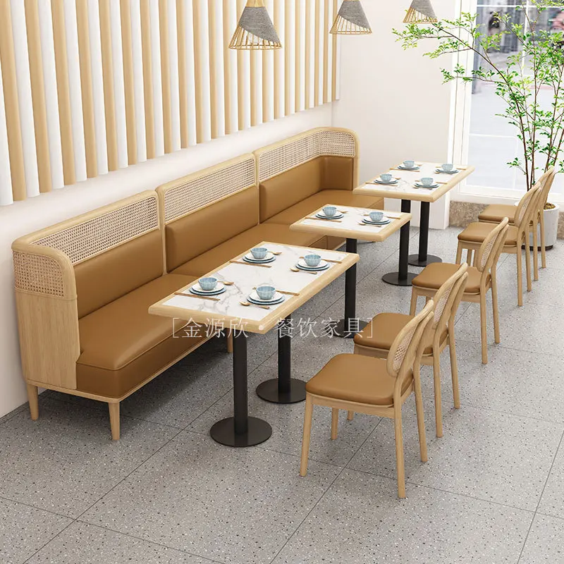 Customized theme restaurant Solid wood braided rattan table and chair combination Cafe tea restaurant Wall card seat Sofa table