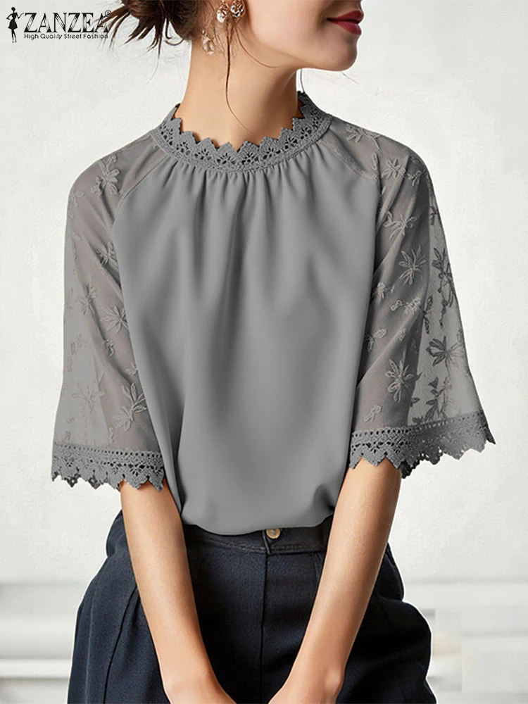 ZANZEA Blusa elegante de encaje para mujer, Tops tipo túnica informales con cuello levantado de otoño, Blusas femeninas OL de oficina de retales a la moda 2025