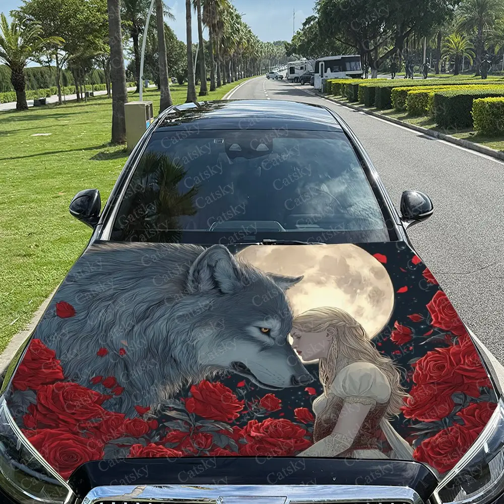 Night Moon Red Rose Princess And Wolf Car Hood Decal Sticker, Durable Car Vinyl Wraps Suitable For Most Vehicles, Car Engine Hoo
