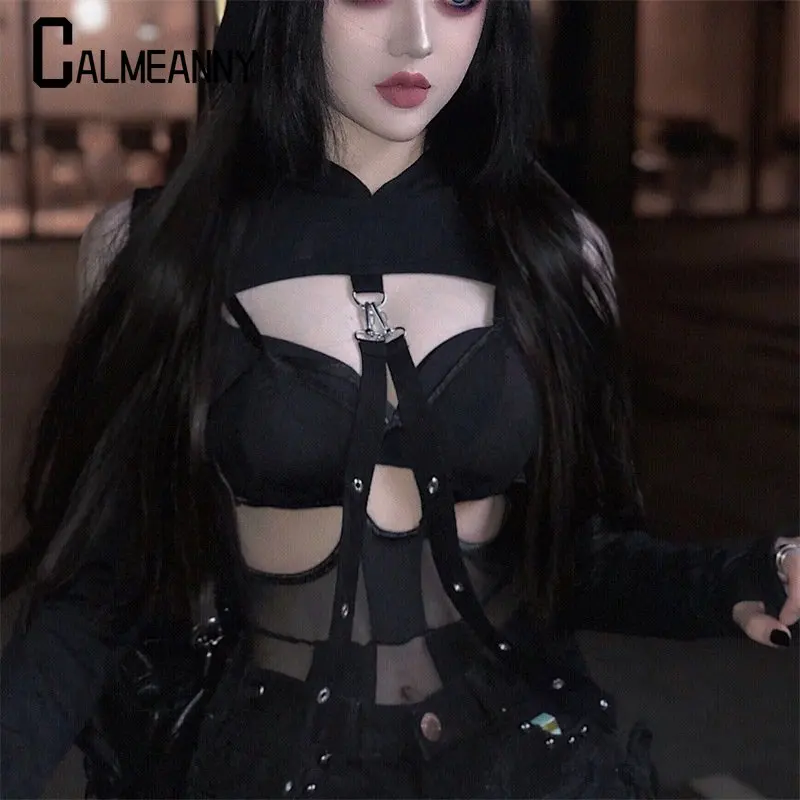 Autumn Long Sleeve Crop Tops Lady Cool Chain Fashion Clothes Loose Cold Shoulder Hooded Hoodies Women Gothic Sexy Streetwear