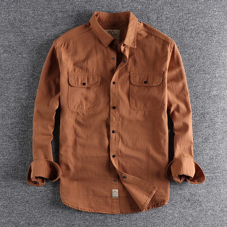 

American New Fashion Men's Solid Color Turn-down Collar Long Sleeve Pocket Casual Trendy Loose Cargo Shirts Male Vintage Clothes