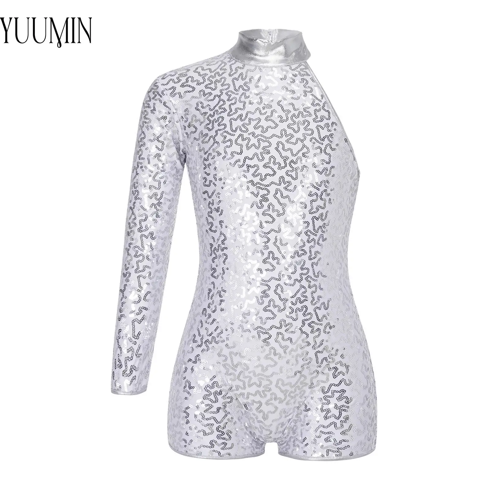 Stylish Gymnastic Performance Jazz Modern Dance Bodysuit for Child Kids Girls Single Long Sleeve Shiny Sequins Leotard Dancewear