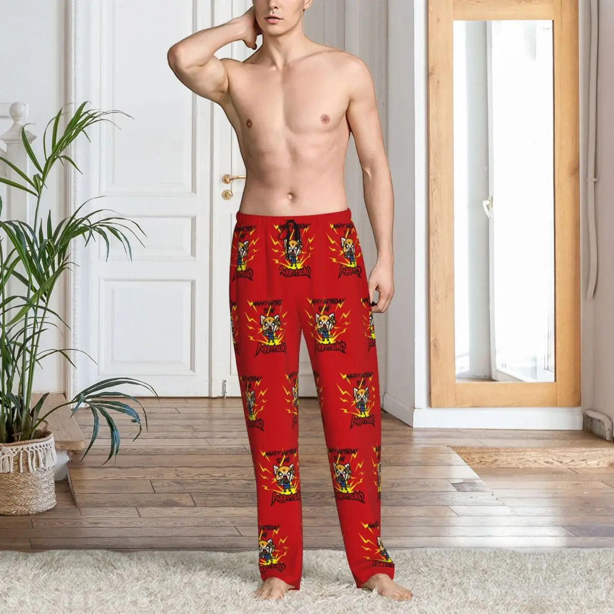 Benutzerdefinierte aggressive Retsuko-Pyjamahose für Herren, Cartoons, Lounge-Schlaf-Nachtwäsche mit Kordelzug und Taschen