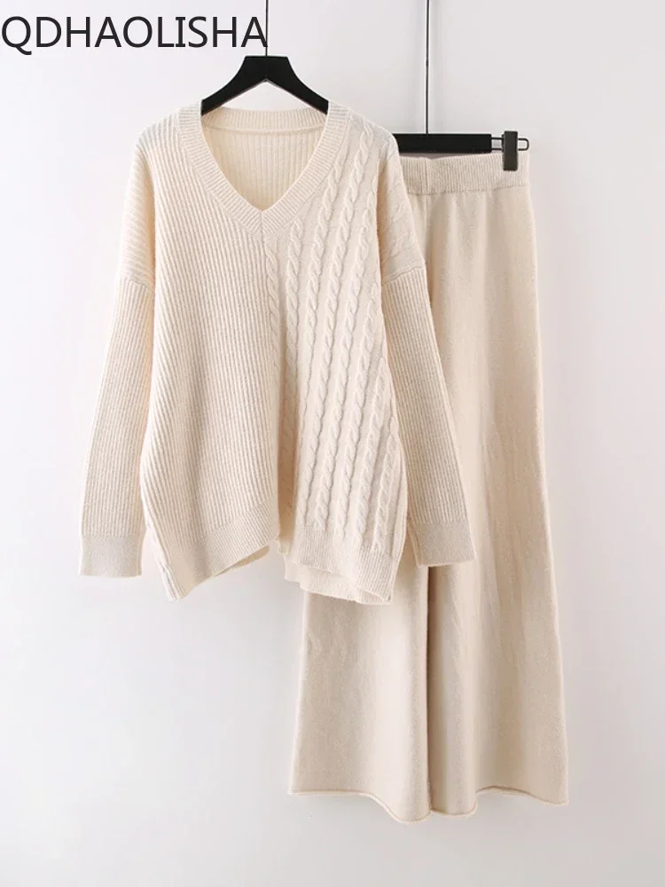 Two Piece Set Women Sweater Autumer Winter Casual V Neck Long Sleeve Long High Waist Wide Leg Pants Sets Baggy Knit Push Korea