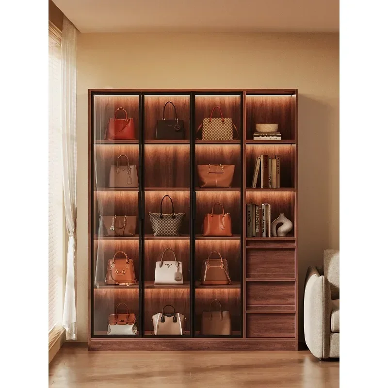 Solid wood bag display cabinet, living room household storage rack with glass, dustproof figurines, storage cabinets